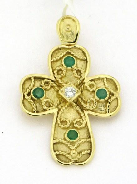 18k Gold Cross with Diamond and Emeralds