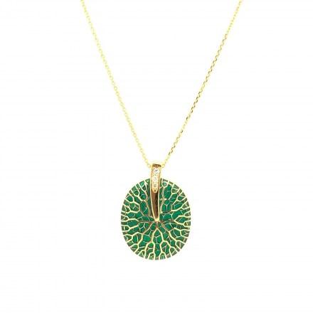 Gold K18 neclace with diamonds 0.04ct and green enamel accompanied by chain