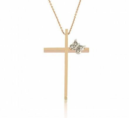 Rose gold K18 cross with chain decorated with diamonds 0.02ct 