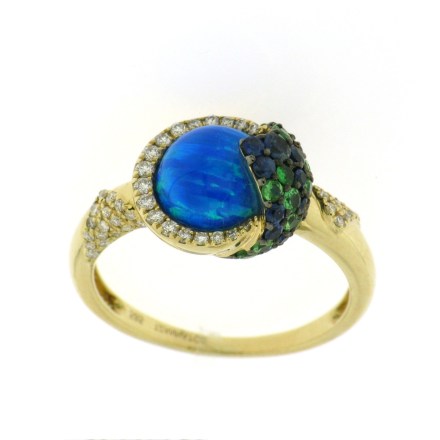 14K yellow gold ring set with sapphires, diamonds, and garnets from the Melissani Collection