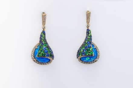 14K yellow gold earrings set with sapphires, diamonds, and garnets from the Melissani Collection